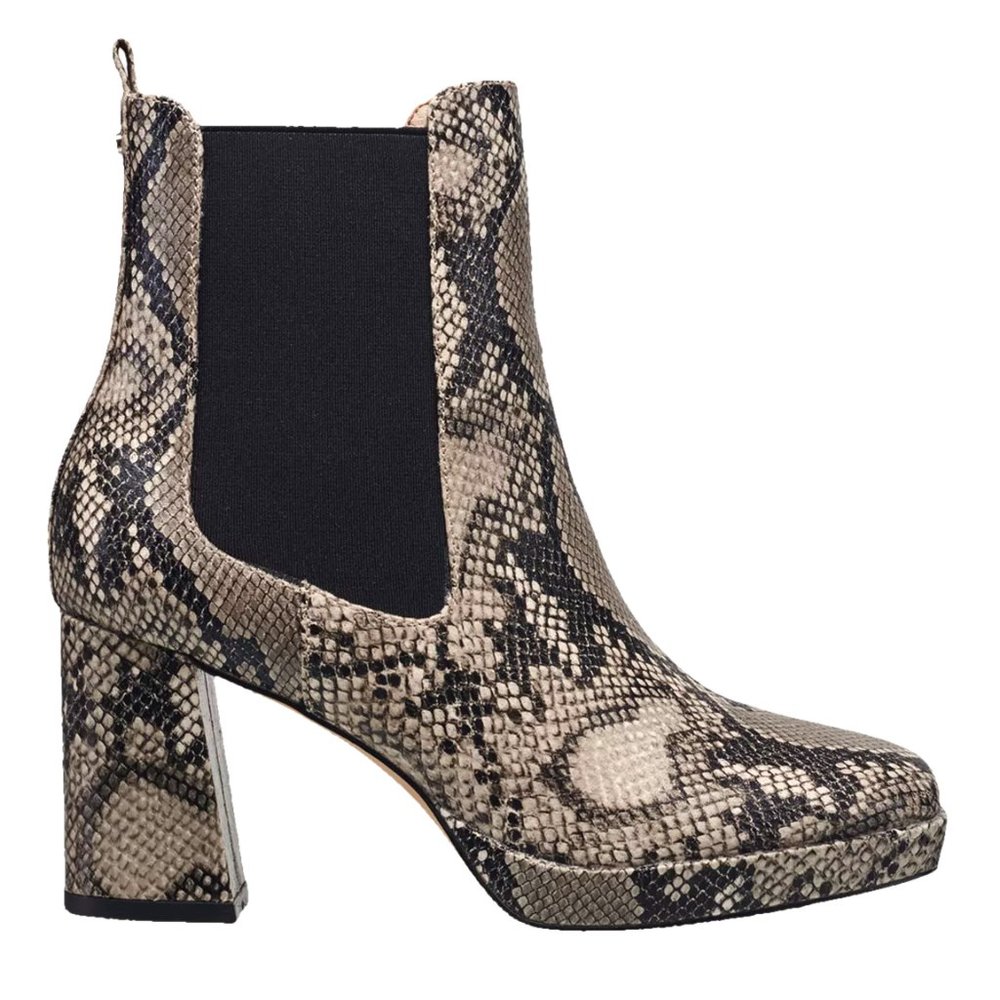 NEW! French Connection Vegan Leather Penny Chelsea Block Heel Boots Snake